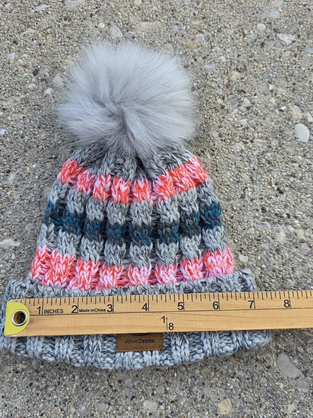 John Deere Toddler Girls Gray Pink Knit Pom Beanie Winter Hat OS